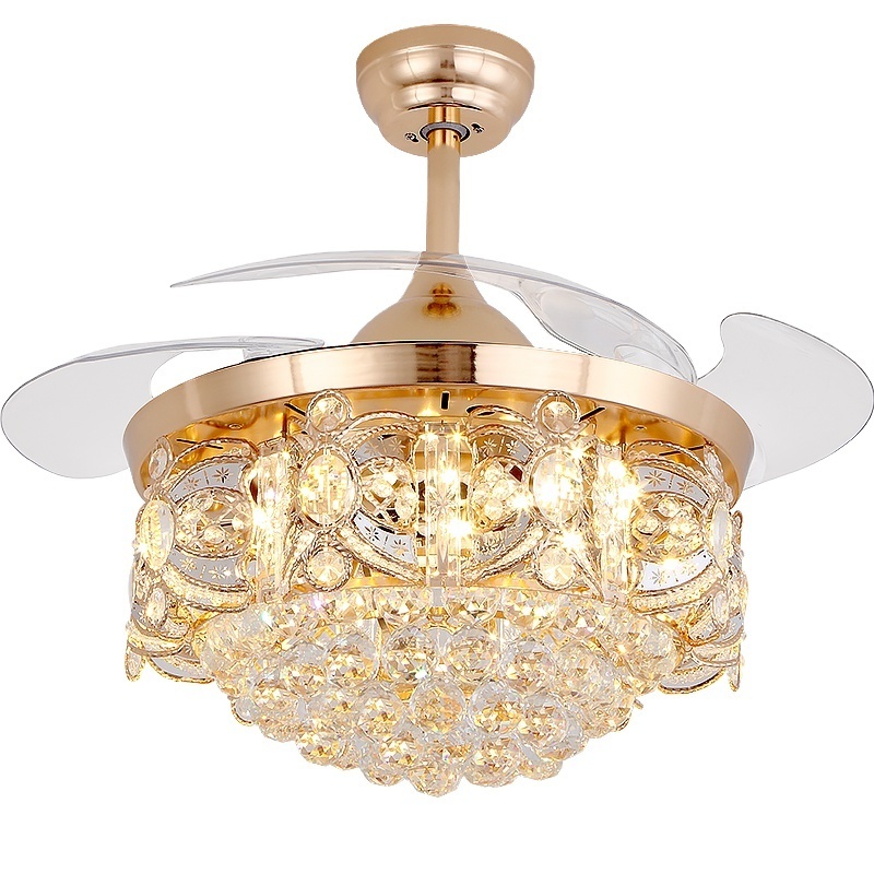 Luxury golden LED chandelier lighting remote control fancy pendant lamp home hotel modern crystal ceiling fan with light