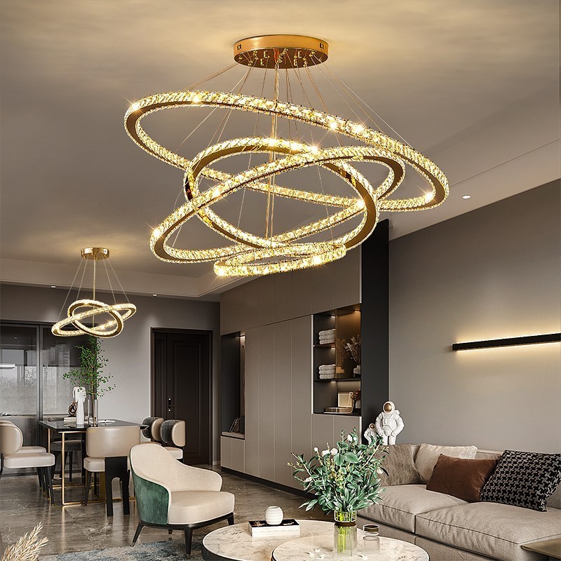 Staircase rings pendant light led dimmable large living room hanging lamp high ceilings modern gold luxury k9 crystal chandelier