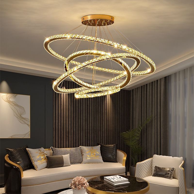 Staircase rings pendant light led dimmable large living room hanging lamp high ceilings modern gold luxury k9 crystal chandelier