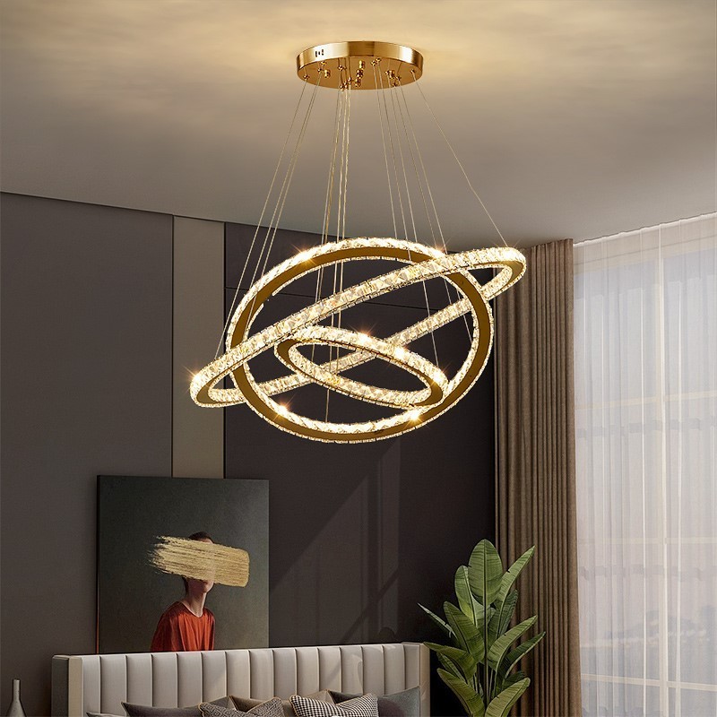 Staircase rings pendant light led dimmable large living room hanging lamp high ceilings modern gold luxury k9 crystal chandelier