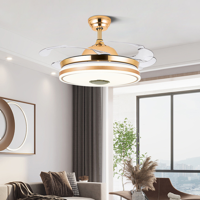 Modern 36W led fan chandelier music retractable speaker ceiling lamp living room bedroom silver gold ceiling fan light