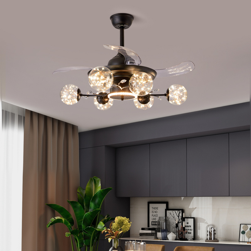 Living room large industrial black fan ceiling lamp remote control glass hanging chandelier modern led ceiling fan with light