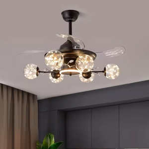 Living room large industrial black fan ceiling lamp remote control glass hanging chandelier modern led ceiling fan with light