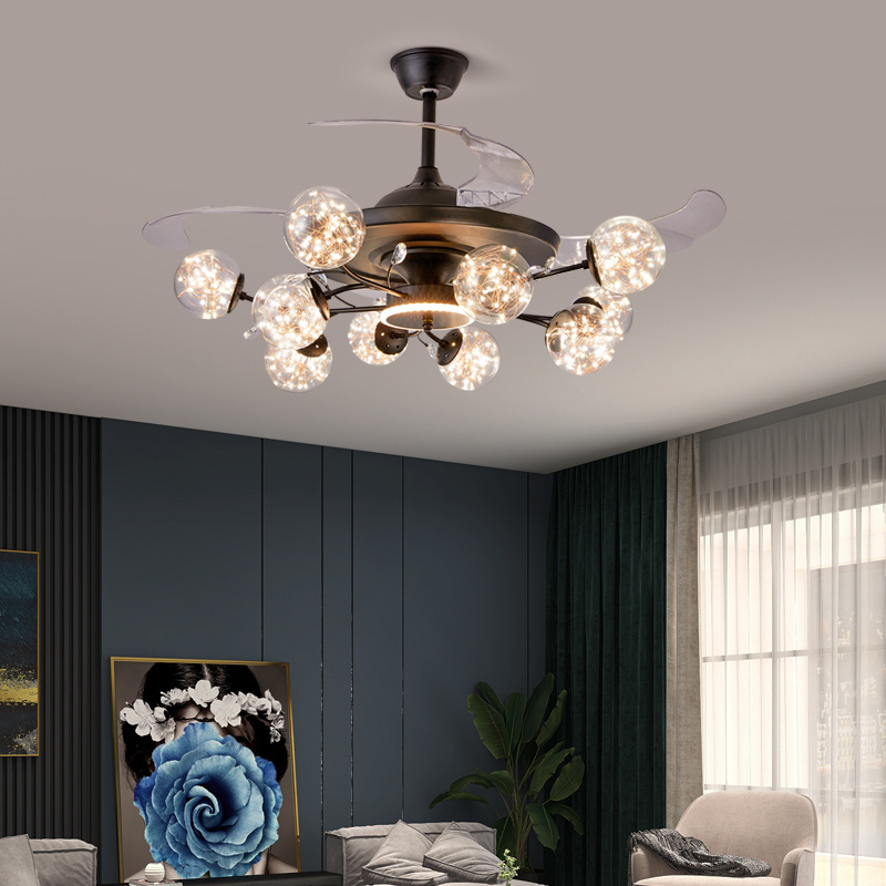 Living room large industrial black fan ceiling lamp remote control glass hanging chandelier modern led ceiling fan with light