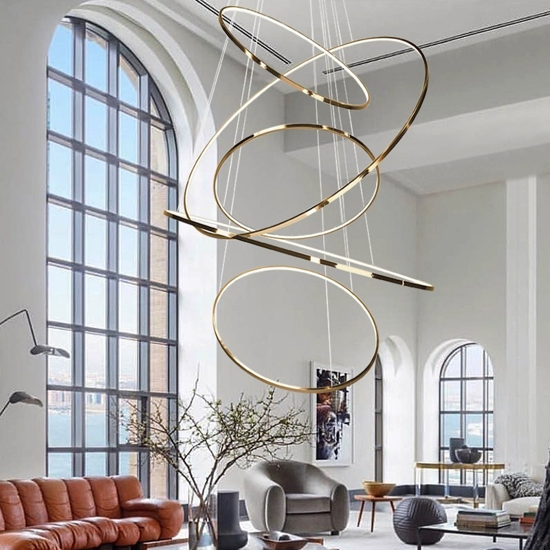 Staircase gold luxury rings pendant light living room round hanging lamp indoor modern minimalist led high ceiling chandelier