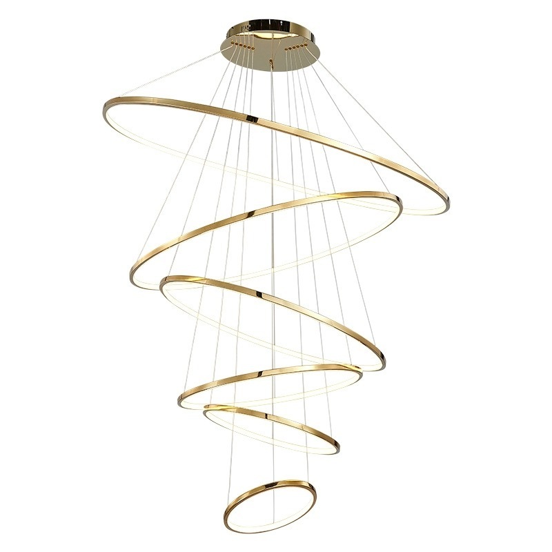 Staircase gold luxury rings pendant light living room round hanging lamp indoor modern minimalist led high ceiling chandelier