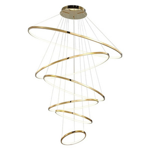 Staircase gold luxury rings pendant light living room round hanging lamp indoor modern minimalist led high ceiling chandelier