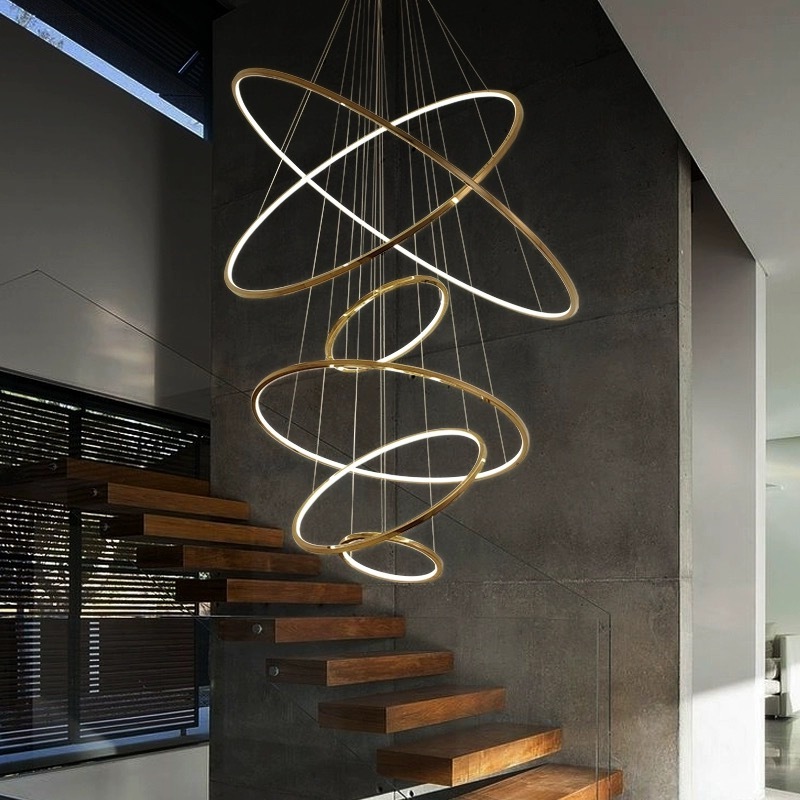 Staircase gold luxury rings pendant light living room round hanging lamp indoor modern minimalist led high ceiling chandelier