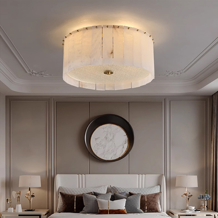 Living room round luxury brass ceiling lamp home decor fancy led circle light natural marble shade modern bedroom ceiling light