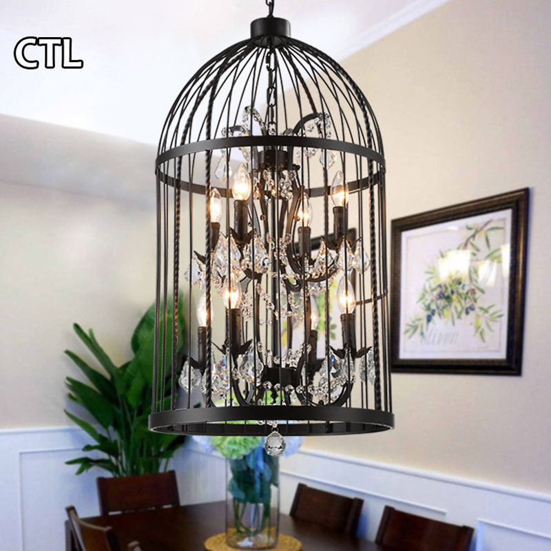 Loft retro black wrought iron birdcage pendant light E14 bulbs industrial vintage crystal chandelier