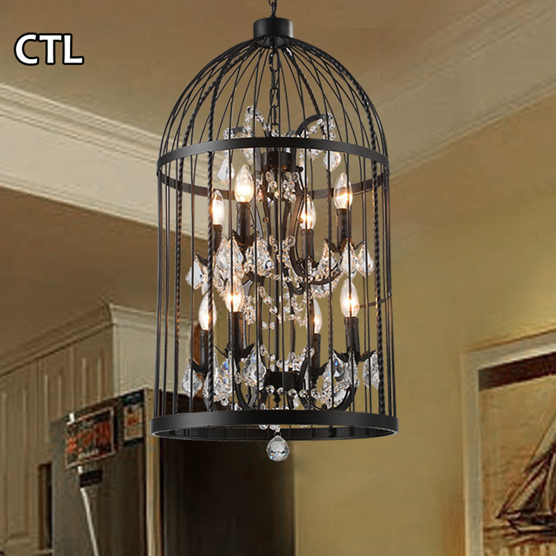 Loft retro black wrought iron birdcage pendant light E14 bulbs industrial vintage crystal chandelier