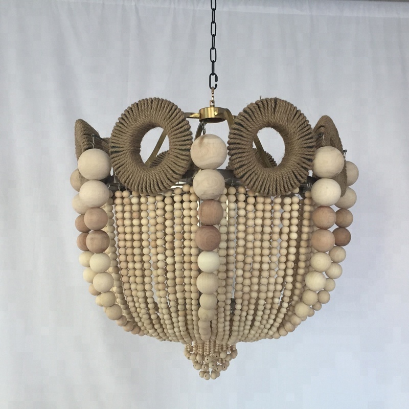 Customized loft retro lamp hemp rope beads pendant light hotel villa industrial vintage wood chandelier