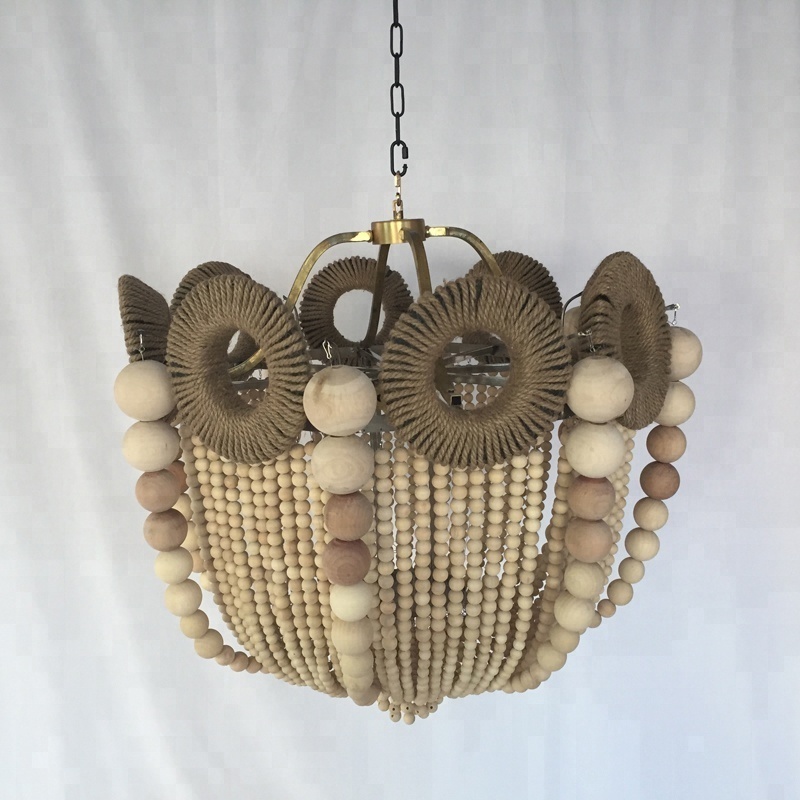 Customized loft retro lamp hemp rope beads pendant light hotel villa industrial vintage wood chandelier