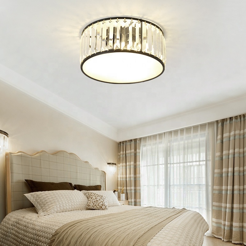 Bedroom decorative round acrylic ceiling lamp modern black gold k9 crystal led ceiling light