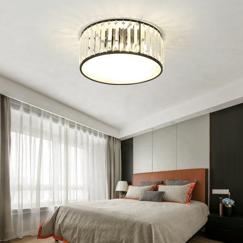 Bedroom decorative round acrylic ceiling lamp modern black gold k9 crystal led ceiling light