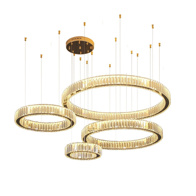 Chrome 2/3/4/5/6 rings dimmable led pendant light hotel large hanging lamp living room modern gold luxury k9 crystal chandelier