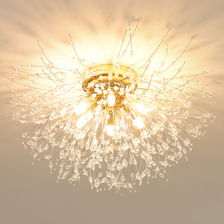 Hotel bedroom decor modern led ceiling lamp flower dandelion shape mini chandelier flush mount gold luxury crystal ceiling light