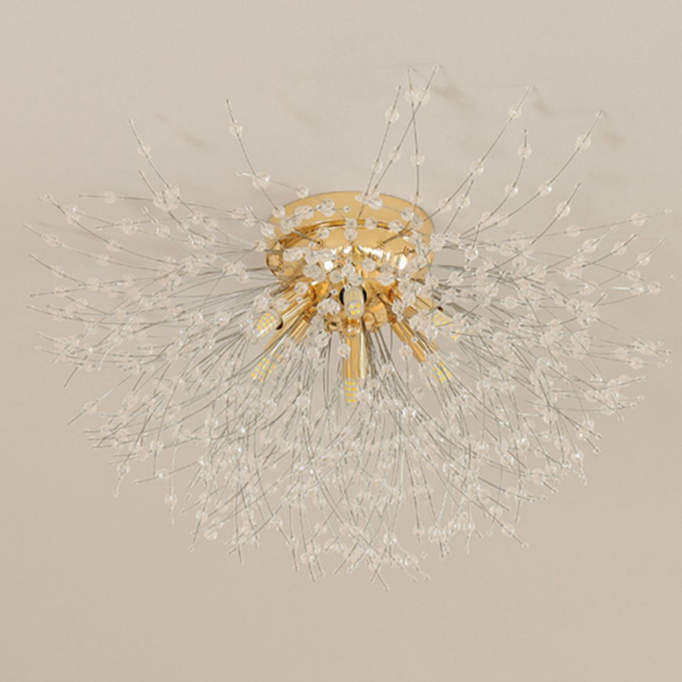 Hotel bedroom decor modern led ceiling lamp flower dandelion shape mini chandelier flush mount gold luxury crystal ceiling light