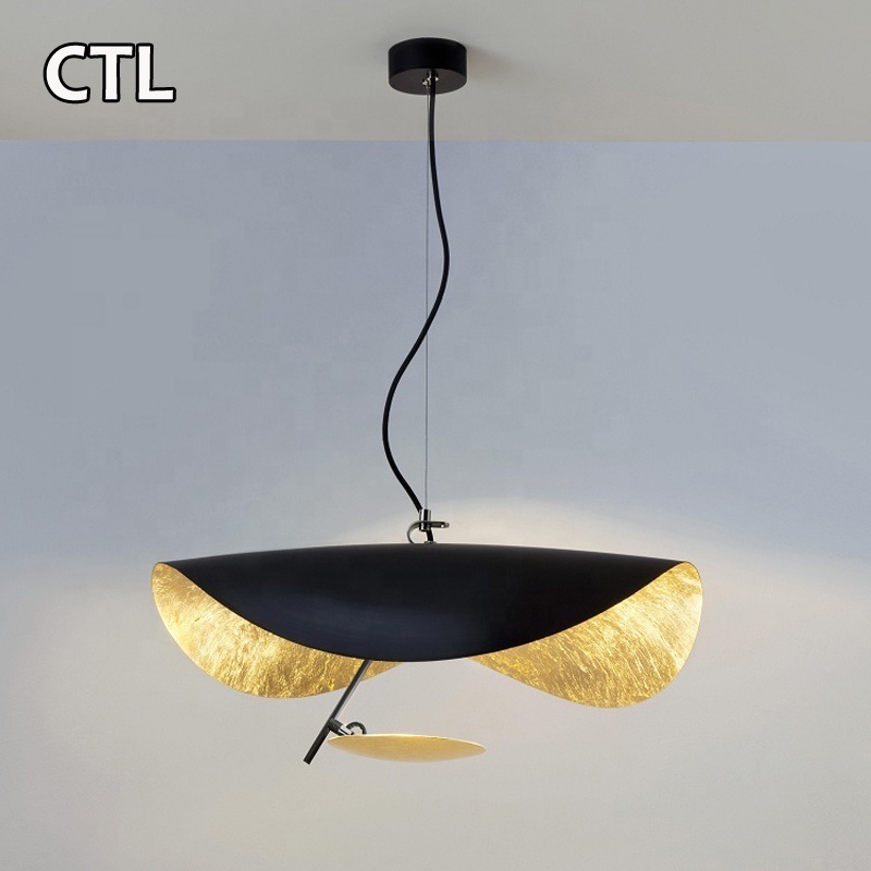 Luxury black gold pendant light hat shade metal hanging lamp nordic modern hotel decorative low ceilings foil led chandelier