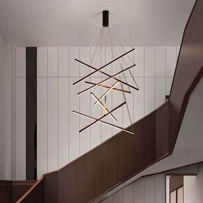 Living room minimalist black led linear pendant light high ceilings hanging lamp staircase large long modern acrylic chandelier