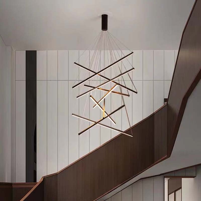 Living room minimalist black led linear pendant light high ceilings hanging lamp staircase large long modern acrylic chandelier