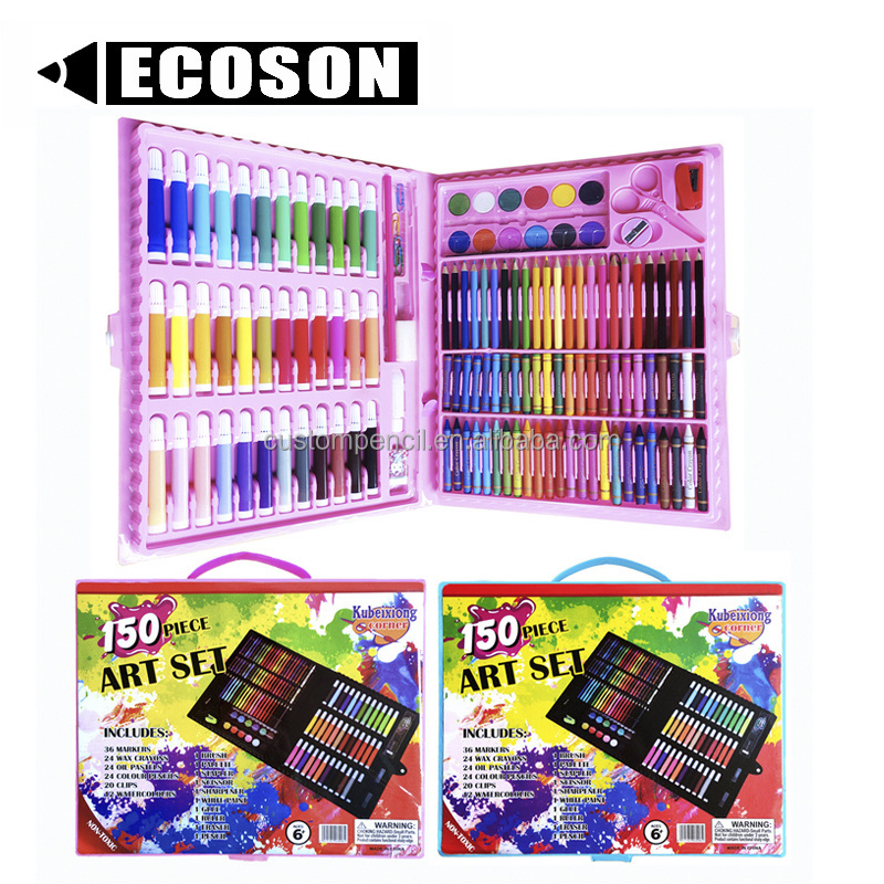 Wholesale 150 pieces plastic box art drawing set with watercolor pen and colour pencil for kids