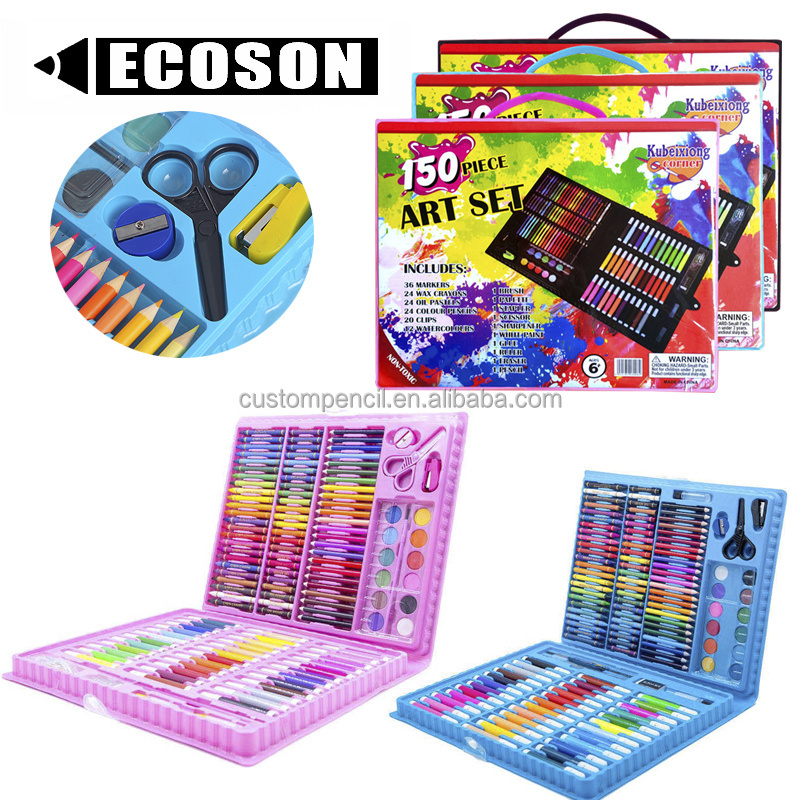 Wholesale 150 pieces plastic box art drawing set with watercolor pen and colour pencil for kids