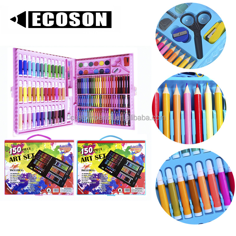 Wholesale 150 pieces plastic box art drawing set with watercolor pen and colour pencil for kids