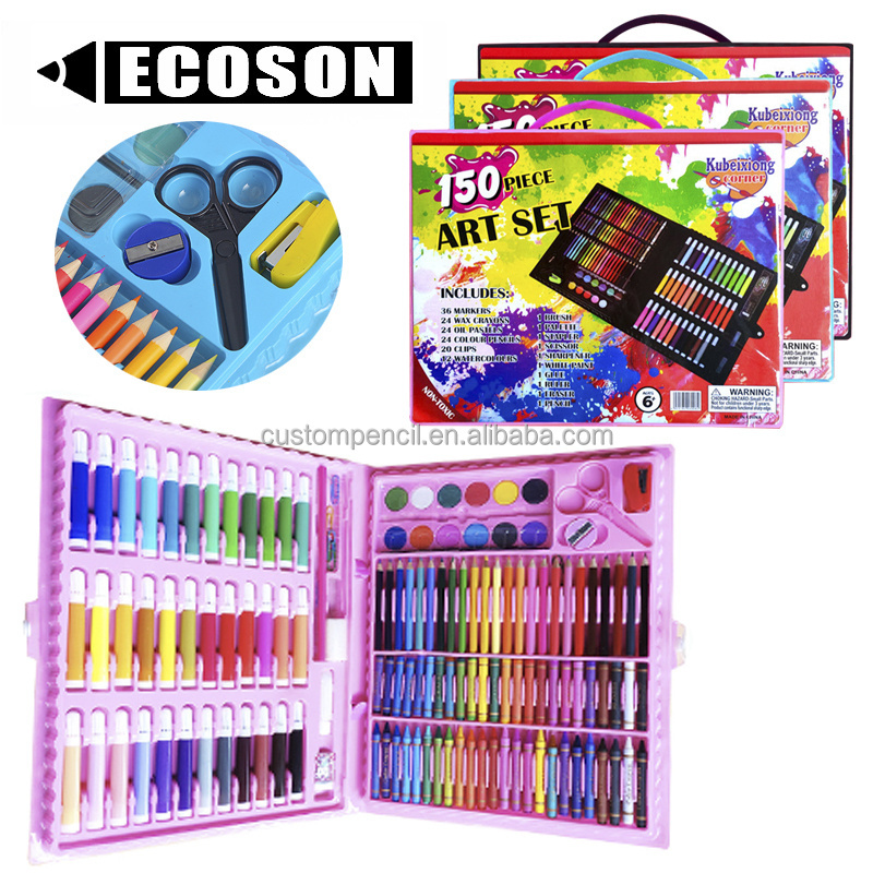 Wholesale 150 pieces plastic box art drawing set with watercolor pen and colour pencil for kids