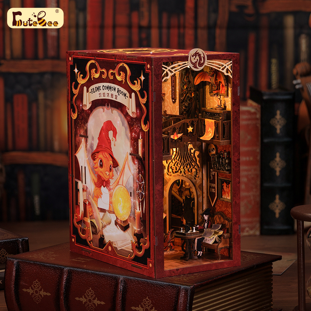 Cutebee Magic Series 3D Wooden Puzzle DIY Magic Dollhouse Flame Common Room Book Nook Kit With Dust Cover for Christmas Gifts