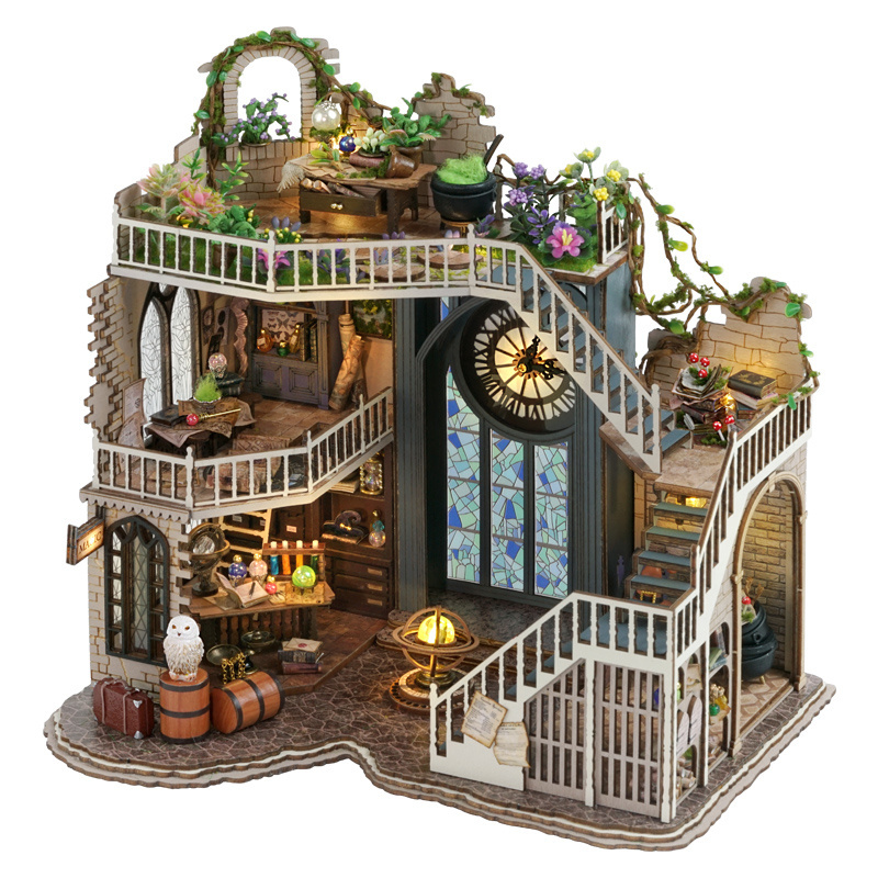 CuteBee Hot Selling 3D Wooden Puzzle Magic House Miniature Model Dollhouse with Touch Light Used as Christmas Gifts