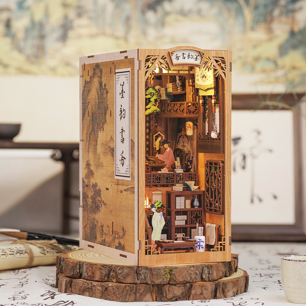 Cutebee Chinese Style 3D Wooden Puzzle Ink Rhyme Study Dollhouse LED Night Light Book Nook Miniature Bookend for Christmas Gifts