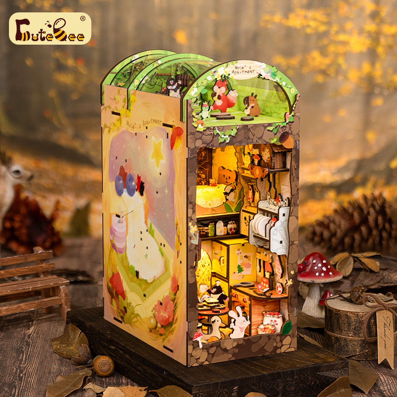 Cutebee 3D Wooden Puzzle DIY Crafts Touch Sensor on Led Light Night Light Mole's Apartment Book Nook Kit Use as Birthday Gifts