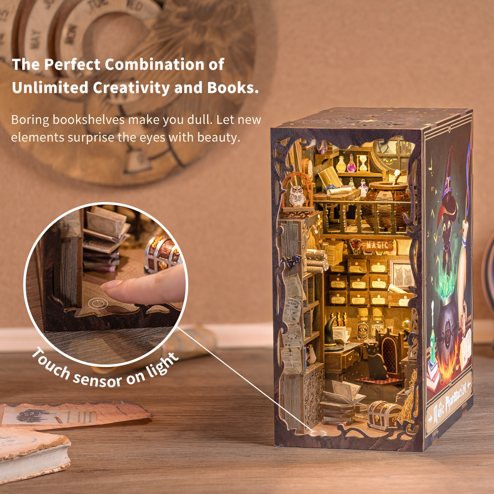 Cutebee Christmas Gift Handmade 3D Wooden Puzzle Bookshelf Decoration Toy  DIY Book Nook Kit with  LED light Miniature House