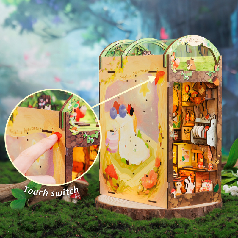 Cutebee 3D Wooden Puzzle DIY Crafts Touch Sensor on Led Light Night Light Mole's Apartment Book Nook Kit Use as Birthday Gifts