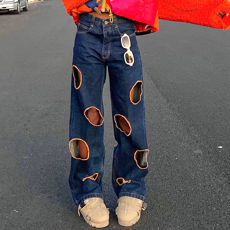 CUTENOVA C21PT445 New Design Hollow Out Jeans Patchwork Wide Leg Pants Jeans Denim Women Jeans Ladies Skinny FLARE Pants Knitted