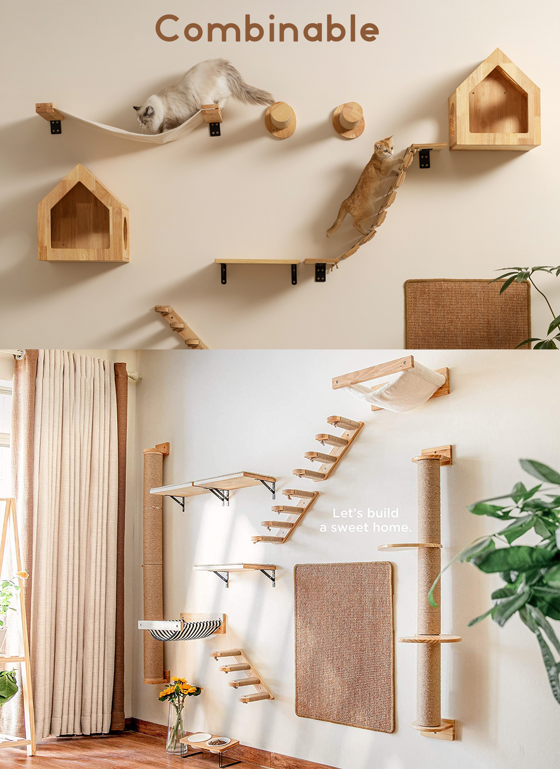 High Quality Customizable Cat Wooden Hammock Cat Ladder And Combination 4 Steps Wall Mounted Climber For Scratching