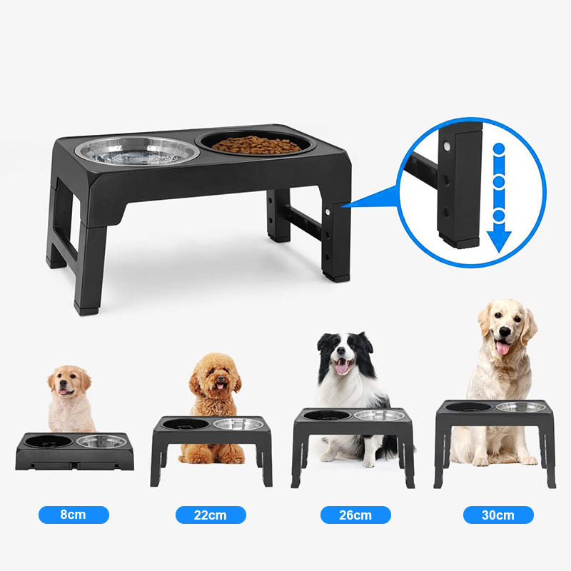 Elevated Dog Bowls 4 Adjustable Heights Raised Stand with Slow Feeder Bowl 2 Stainless Steel Food & Water Bowls