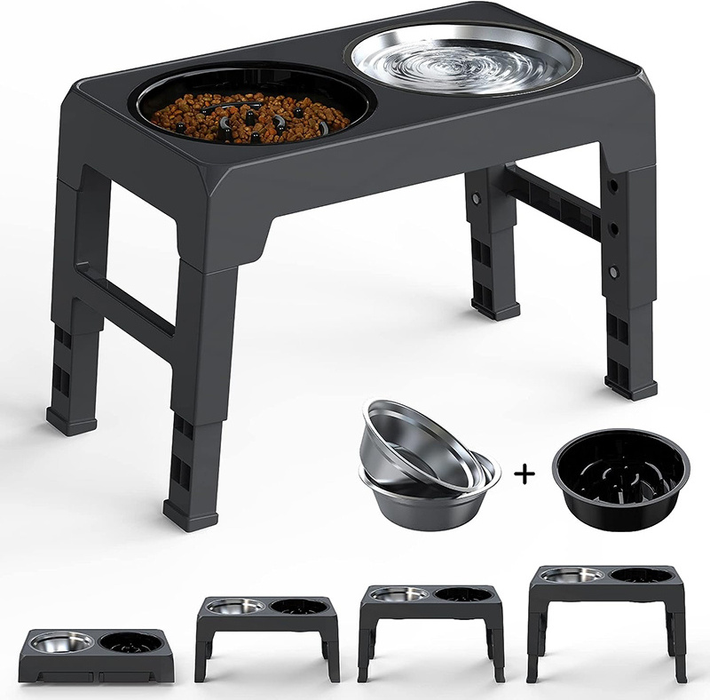 Elevated Dog Bowls 4 Adjustable Heights Raised Stand with Slow Feeder Bowl 2 Stainless Steel Food & Water Bowls