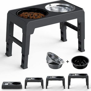 Elevated Dog Bowls 4 Adjustable Heights Raised Stand with Slow Feeder Bowl 2 Stainless Steel Food & Water Bowls