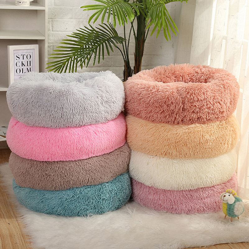 Faux Fur Comfortable Washable Soft Donut Pet Dog Cat Bed for Large dog Warm Round Customized Calming Fluffy Plush Pet Dog Bed