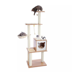 Luxury Cat Tree Wooden Large Cat Tower With Sisal Scratching Post Cozy Condo Hammock