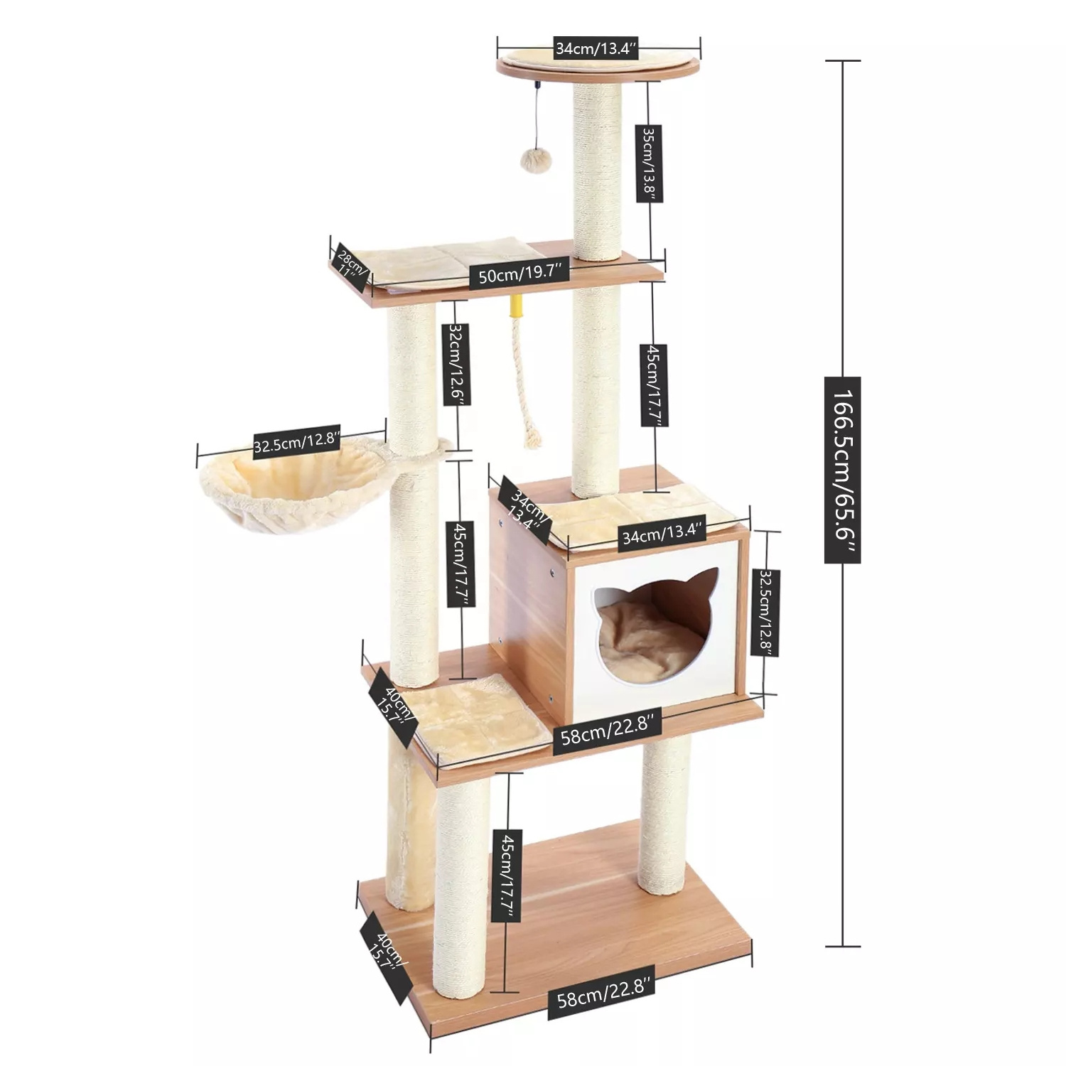 Luxury Cat Tree Wooden Large Cat Tower With Sisal Scratching Post Cozy Condo Hammock