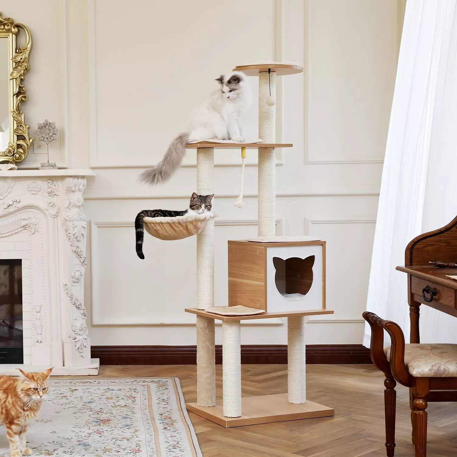 Luxury Cat Tree Wooden Large Cat Tower With Sisal Scratching Post Cozy Condo Hammock