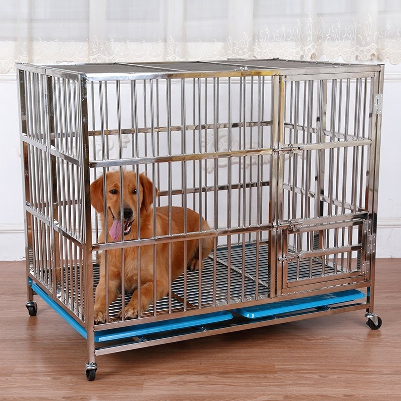 Stainless Steel Dog Crate Pet Cage Foldable Dog Cage with Plastic Trays