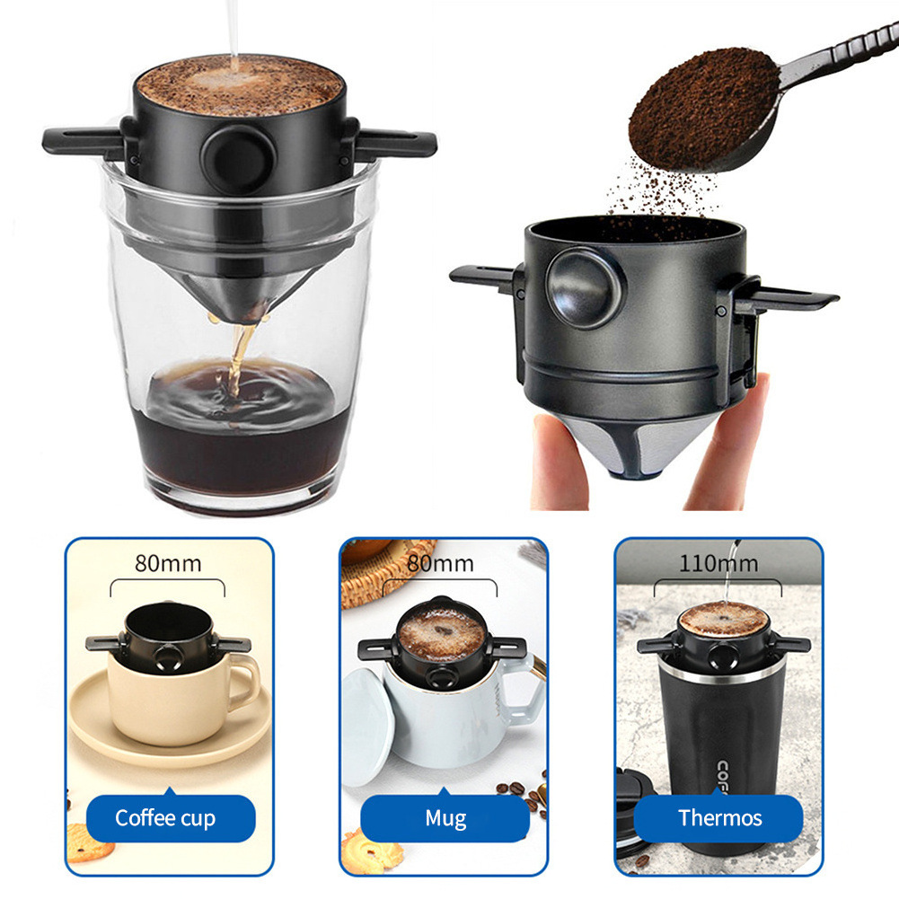 Stainless Steel Coffee Filter Paperless Coffee Dripper with Foldable Hanging Ear Portable Pour Over Coffee Filter Cup