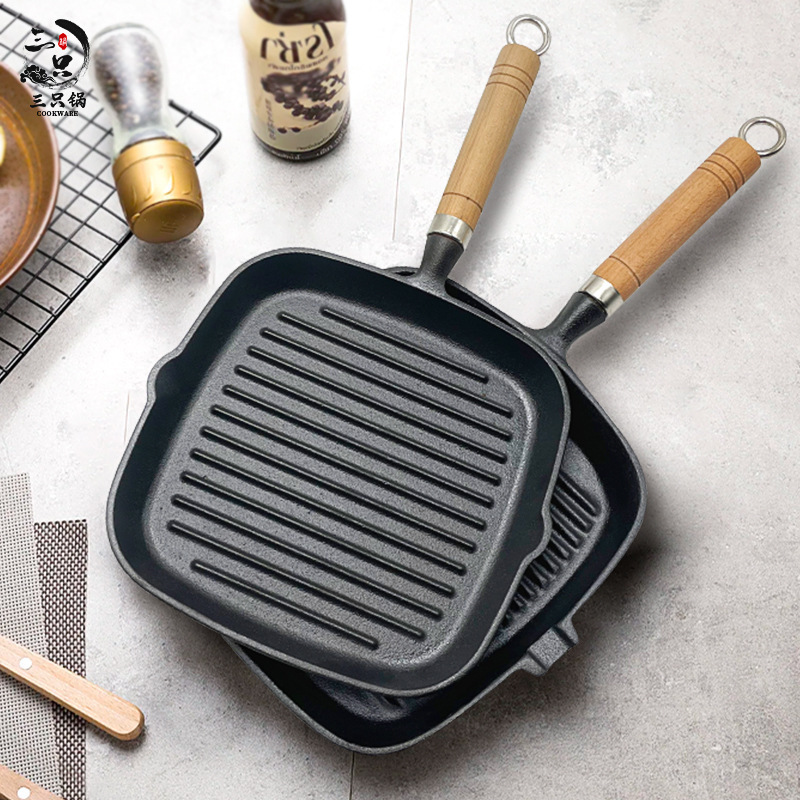 Custom Logo Thickened Striped Cast Iron Steak Skillet New Square Cookware Frying Pan with Wooden Handle for the Kitchen