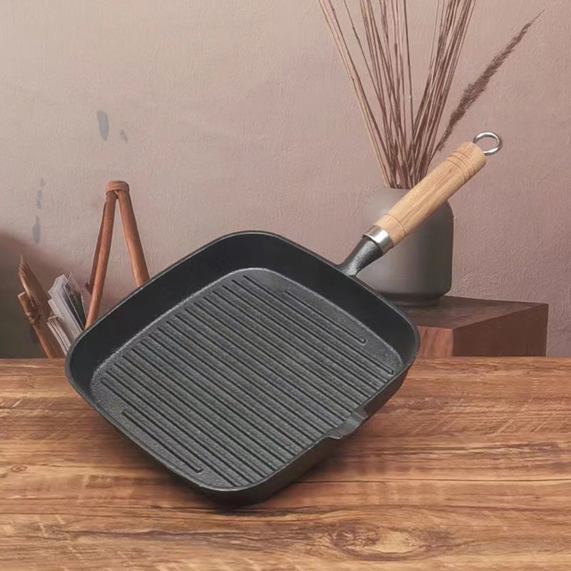 Custom Logo Thickened Striped Cast Iron Steak Skillet New Square Cookware Frying Pan with Wooden Handle for the Kitchen