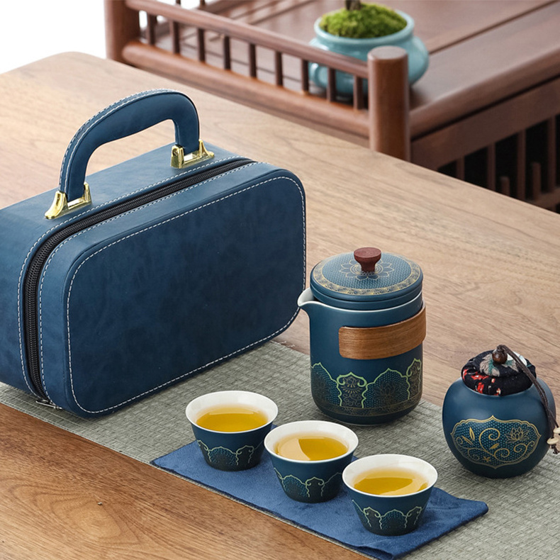 2024 High-End Custom Business Gifts Outdoor Travel Tea Set with Portable Cover Bowl Kung Fu Tea Pots and Cup Set