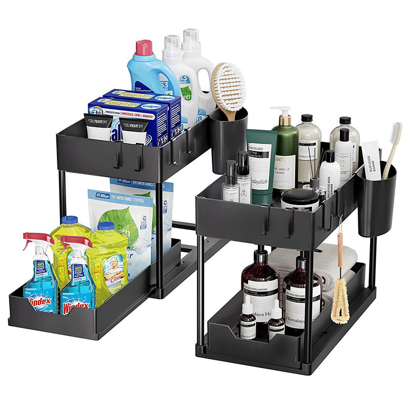 Double-Layer Metal Under Sink Organizer Space-Saving Storage Shelf for Home Bathroom and Kitchen